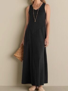 Soft Surroundings Bailey Midi Dress Cotton Washed Black Sleeveless Jacquard L